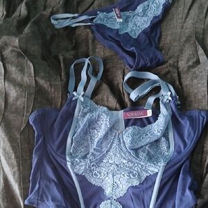 Adore Me Navy and Light Blue Lace Bra Set